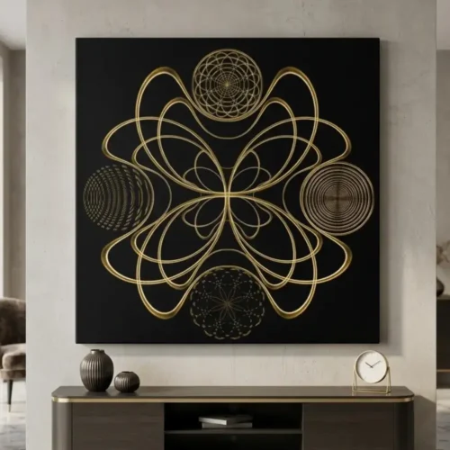Mandala Slike na Platnu Luksuzna apstraktna slika na platnu sa motivom zlatne mandale na crnoj pozadini, moderan enterijer dnevne sobe.