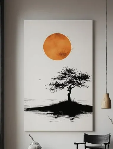 Slika na platnu zen drvo sa narandžastim suncem, format 60×120 cm