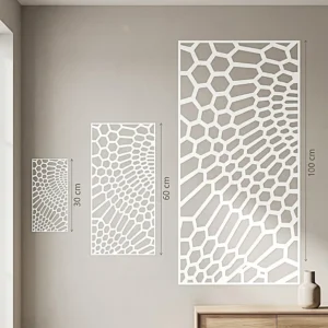 3D zidni stiker heksagon sa geometrijskim dizajnom heksagona zalepljen na zid iznad drvene komode.