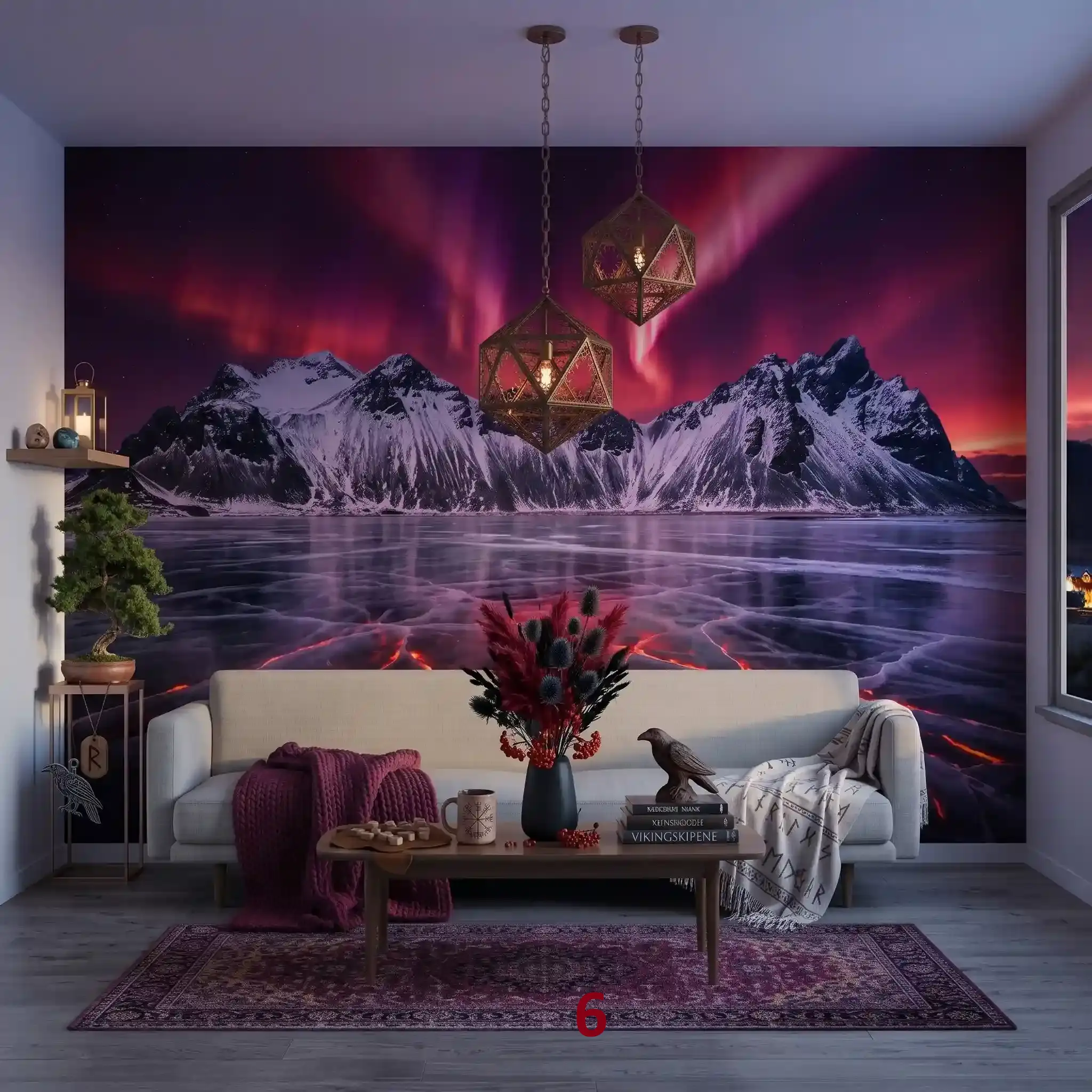 Foto tapete Priroda – planine, fjordovi, aurora i pejzaži | GrafiShop Foto tapeta priroda sa ljubičastom polarnom svetlošću iznad zaleđenih planina