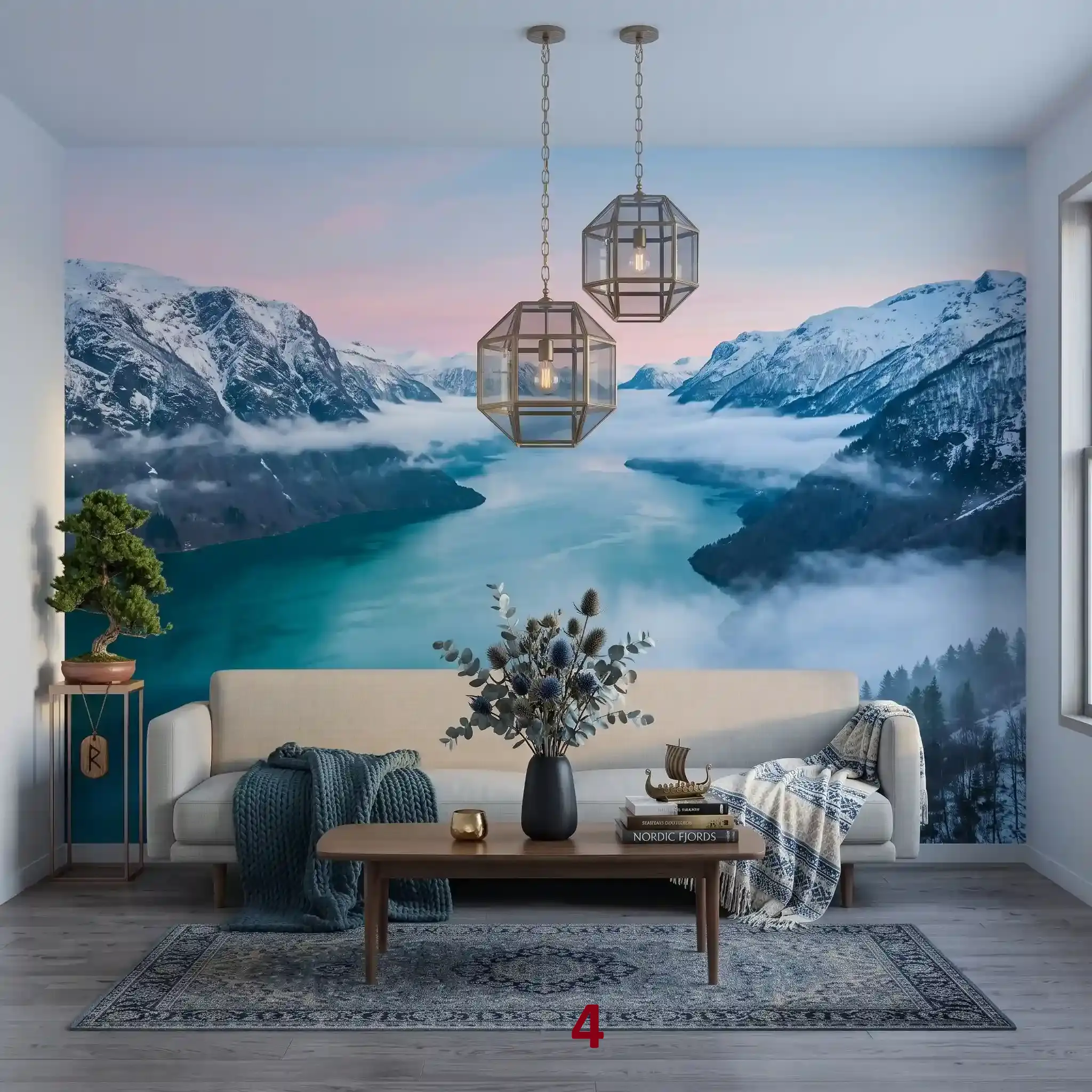 Foto tapete Priroda – planine, fjordovi, aurora i pejzaži | GrafiShop Foto tapeta nordijski fjord sa snežnim planinama i maglom