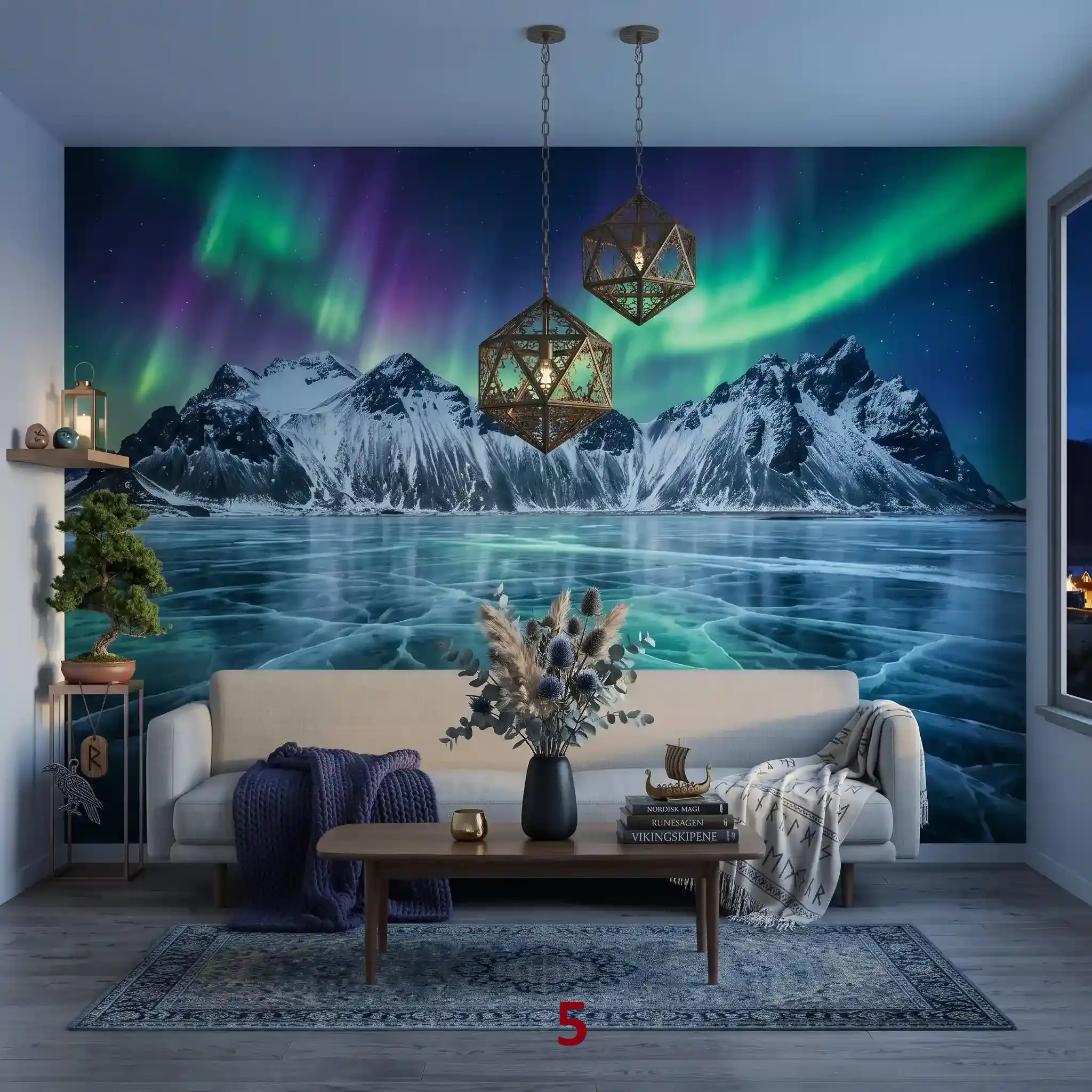 Foto tapete Priroda – planine, fjordovi, aurora i pejzaži | GrafiShop Foto tapeta Aurora Borealis iznad snežnih planina i zaleđenog jezera